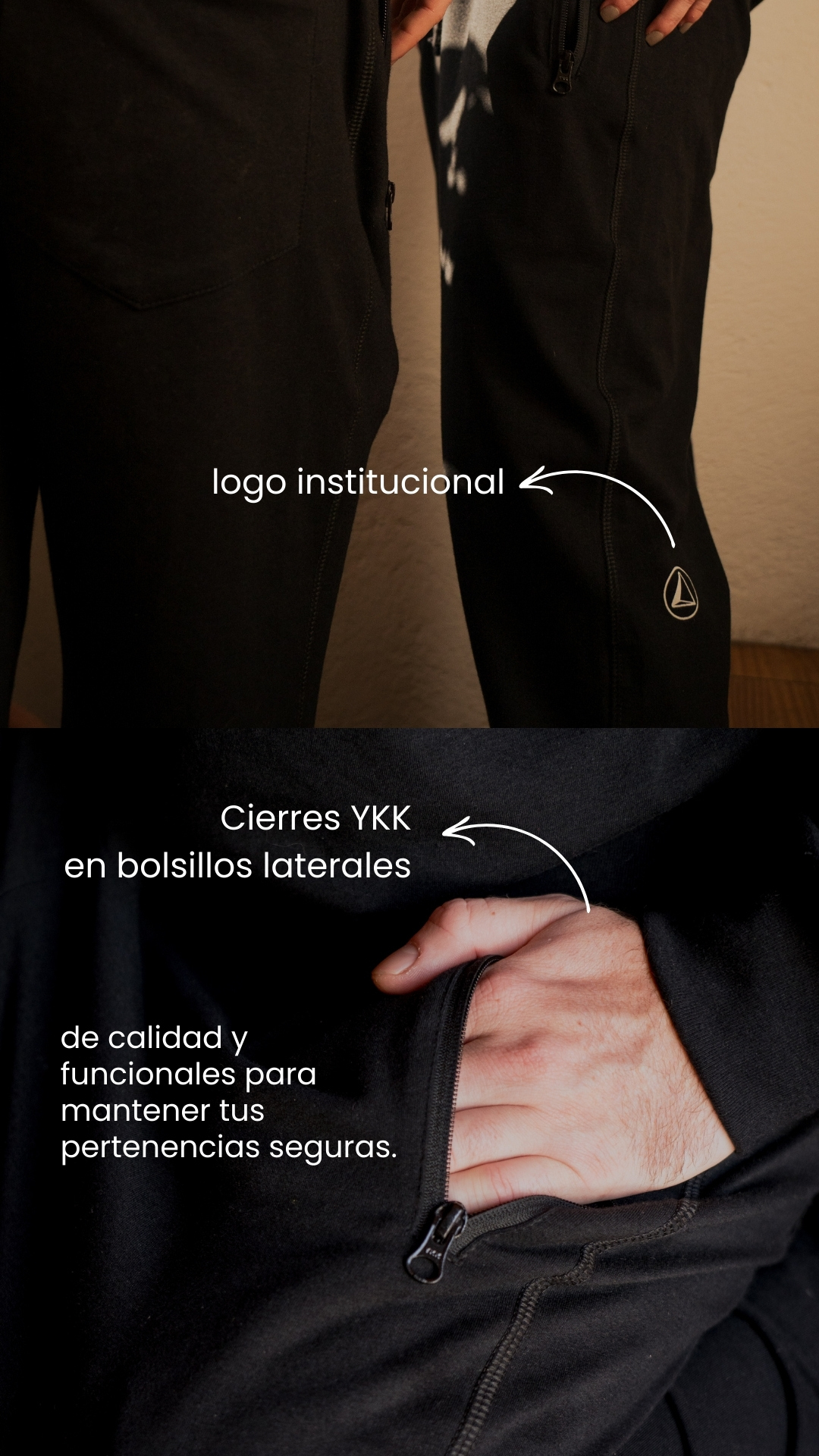Cuenta Cierres YKK  en bolsillos laterales de calidad y funcionales para mantener tus pertenencias seguras. Logo institucional en el costado del pantalón.